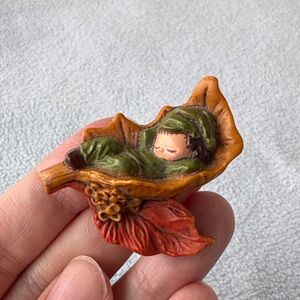 Vintage Hallmark Lapel Pin Pixie Elf Sleeping On A Leaf Brooch